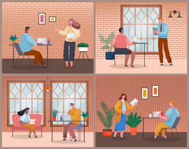 Çalışanlar ofis binasında çalışıyor. Tura, yöneticiler, astlar. İş akışı sırasında ofis personeli