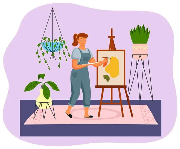 En flicka målar en bild. Kvinnlig teckenmålare hemma gör hobby isolerad på vitt — Stock vektor