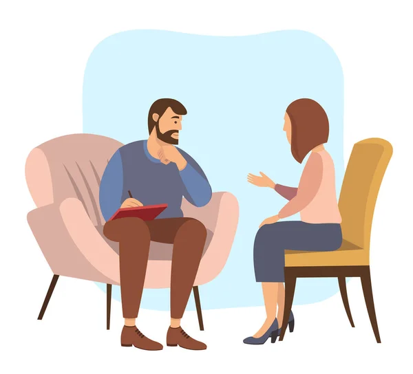 Patients à une réception aux psychothérapies. Femme parlant à un psychothérapeute ou à un psychologue — Image vectorielle