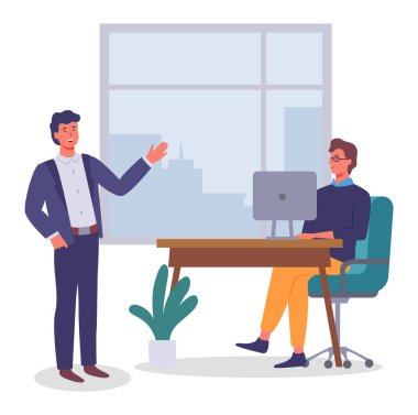 Ofisteki adamlar. Masadaki monitörlü adam, iş arkadaşlarıyla ya da çalışanlarla görüşüyor. Düz vektör resmi