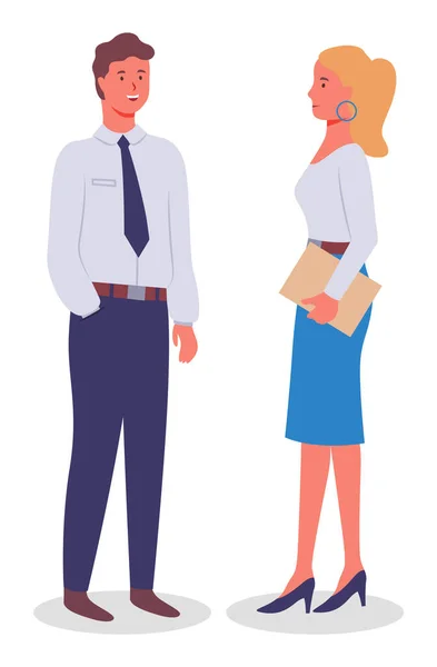 Personal de oficina, empleados, socios de pie y comunicarse. Hombre y mujer en trajes formales. Imagen plana — Vector de stock