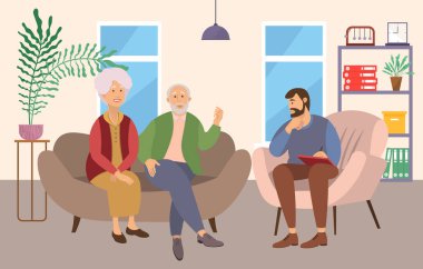 Psikiyatrist konsültasyonu. Psikoloğa giden yaşlı çift ve kadın.