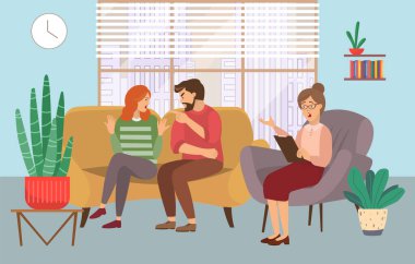 Aile psikoterapisi. Erkek ve kadın ve psikolog ya da psikolog arasındaki konuşma