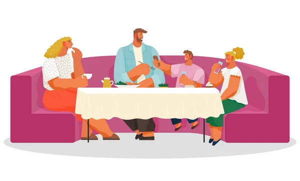 Joyeux repas de famille dans un restaurant. Mère, père, fille et fils assis à dîner dans un café — Image vectorielle
