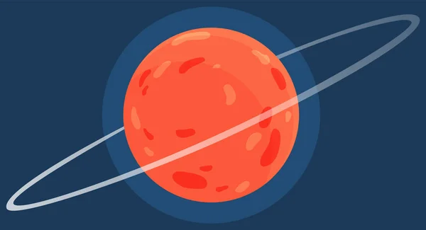 暗い青色の宇宙背景に漫画の赤い幻想的な惑星。土星は氷環でできたガスでできています — ストックベクタ