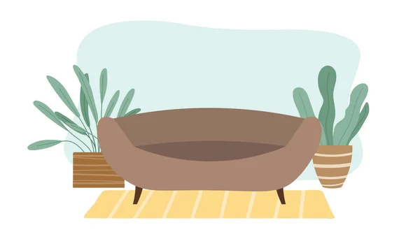 Коричневый диван и горшечные растения в дизайне квартиры. Мебель для гостиных, современный интерьер — стоковый вектор