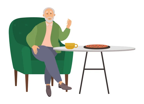 Vecchio che mangia nella sala da pranzo illustrazione, seduto a un tavolo con pizza e una tazza di tè — Vettoriale Stock