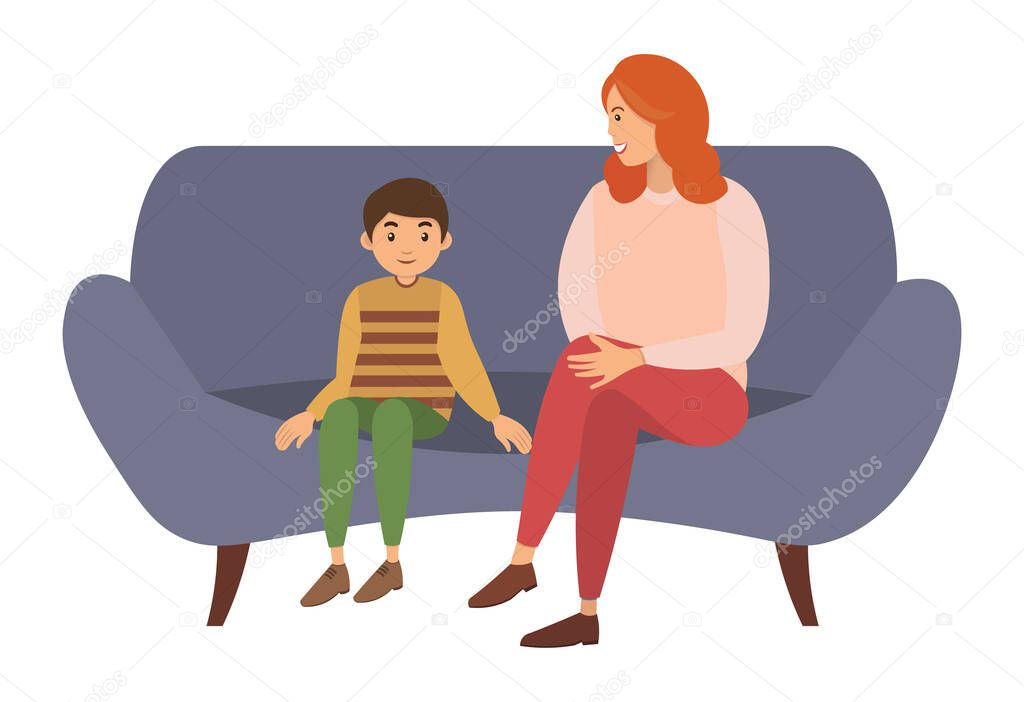 Mother and her son sitting on the couch communicating together isolated on white background