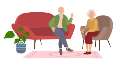 Evdeki kanepede oturan yaşlı çift. Aşık, emekli, yaşlı bir çift. Büyük anne ve büyük baba