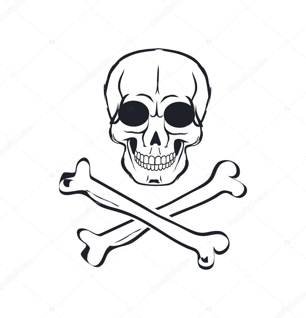 Adam head with two cross-laying bone below symbolic depiction. Victory handing and death protecting biker sign flat vector illustration on white.