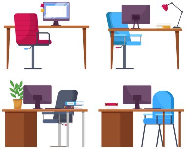 Boş ofis iç tasarımı seti. İş nesneleri, vektör elementleri ve ekipmanlar