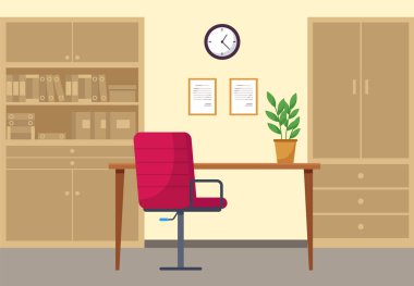 Modern işyeri düz tasarımı. Ofis sandalyesi ve ofis masası, kitap ve belgelerle dolu kitaplık.