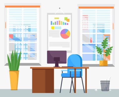Modern işyeri düz tasarımı. Ofis koltuğu ve ofis masası. İçi rahat oda kitaplarıyla dolu.