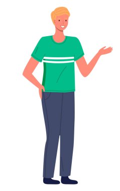 Gülümseyen beyaz adam, sarı saçlı, boyunda, el sallayarak el sallıyor.