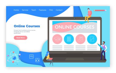 İnsanlar çevrimiçi kurslarda okuyor. Eğitim materyali vektör illüstrasyonlu web sayfası
