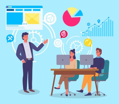 Pazarlama konsepti, iş arkadaşları takım çalışması süreci, proje, plan ve istatistiklerde çalışan ofis çalışanları