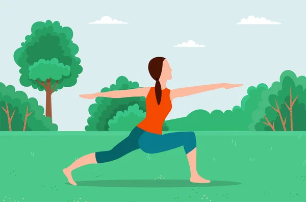 Kobieta ćwiczy jogę. Zdolna dziewczyna w sportowym stroju stojąca na trawie w parku i rozciągająca się — Wektor stockowy