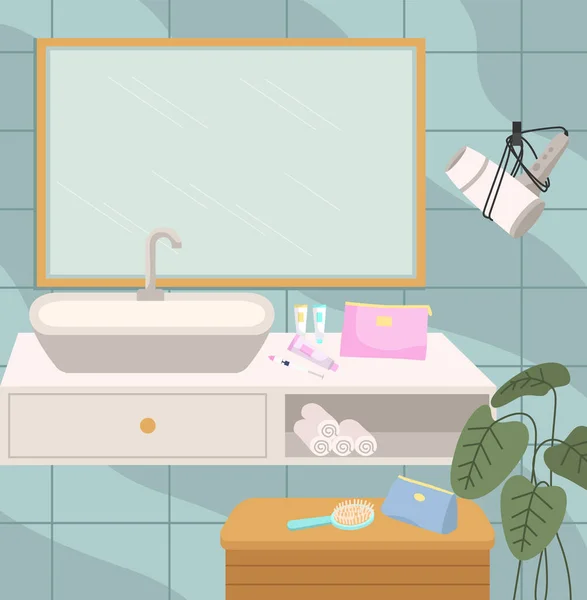 Meja cuci modern, cermin dan mebel bak mandi Vektor ilustrasi. Desain interior kamar mandi - Stok Vektor