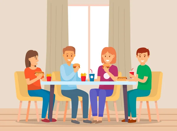 Ilustración de un grupo de amigos comiendo en un restaurante de comida rápida hablando y cenando — Archivo Imágenes Vectoriales