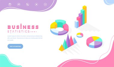 Web sitesinin iniş sayfası, iş istatistikleri, görsel sunum, büyüyen grafikler, pasta grafikleri