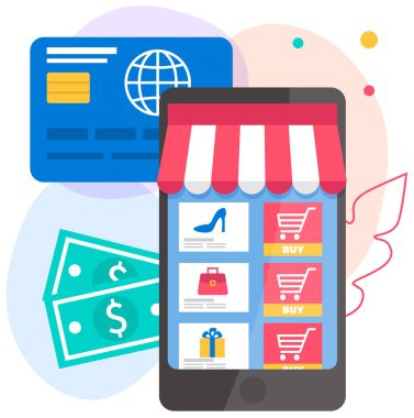 Ekranda online alışveriş için başvuru. Banknotların ve kredi kartlarının arka planında telefon