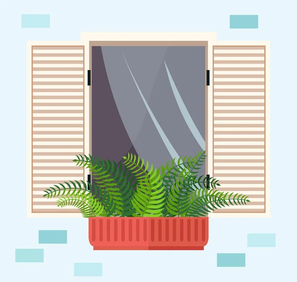 Plante à feuilles persistantes en pot sur le rebord de la fenêtre. Grande fenêtre avec rideaux et volets ouverts illustration — Image vectorielle