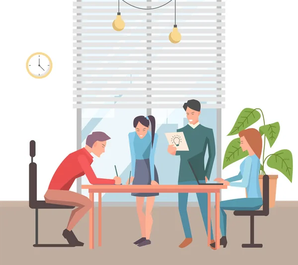 Businesspeople communicating, discuss a project, brainstorm together. Business meeting in office — Stock Vector