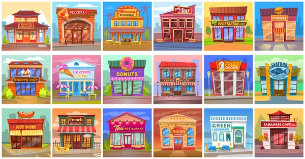 Seafood Restaurant, Indian and Mexican Cuisine. Cafe and restaurants buildings. Cartoon fast food — Stock Vector