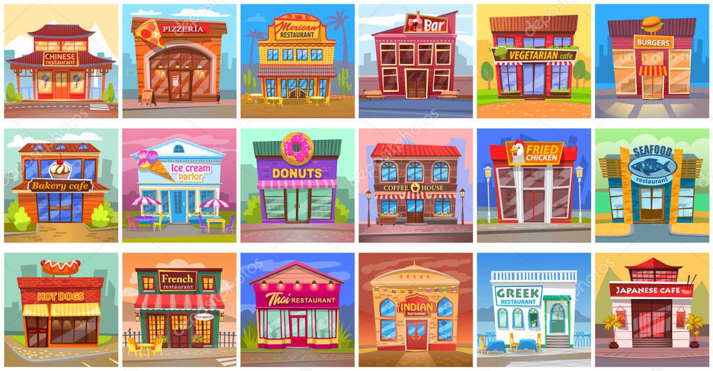 Diners and eateries vector, restaurants serving food of nationalities. Mexican and Indian, Japanese French meals. Burgers ice cream, hot dog seafood. Cafe and restaurants buildings. Cartoon fast food