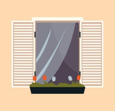 Saksısı olan pencere. Perdeli ve panjurlu büyük pencere vektör illüstrasyonu