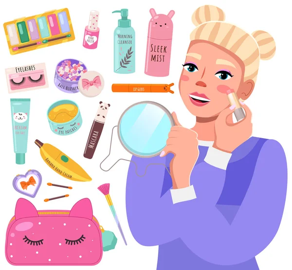 Makeup Masterclass Banner mit schönen jungen Frau, Make-up-Accessoires, Hautpflegeprodukte — Stockvektor