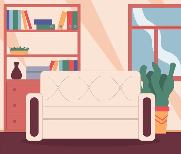 舒适的客厅内部，舒适的沙发，书架和书架，靠窗的室内植物 — 图库矢量图片