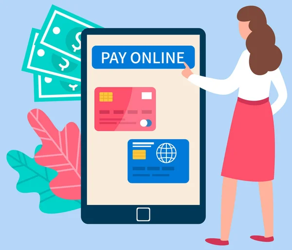 Κορίτσι χρησιμοποιεί το πρόγραμμα για online απομακρυσμένη πληρωμή των αγορών στην οθόνη του τηλεφώνου μέσω του Διαδικτύου — Διανυσματικό Αρχείο