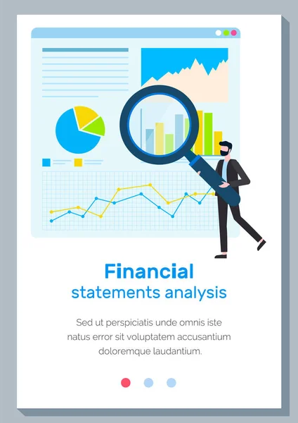 Concept de rapport financier. Modèle de page d'accueil de l'analyse des états financiers avec un homme proche du rapport — Image vectorielle