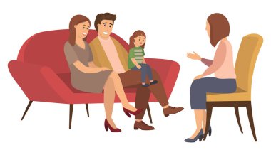 Ebeveynler, çocuk ve kadın psikolog ya da psikoterapist arasındaki konuşma. Aile psikoterapisi