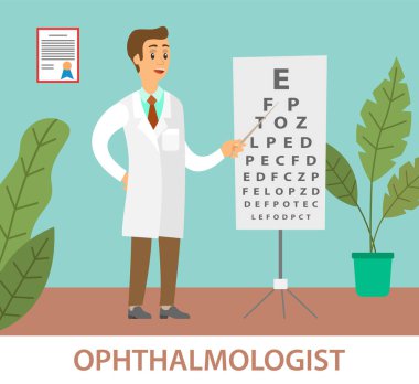 Optometrist görsel keskinliği test etmek için tabloyu işaret ediyor. Hastanede beyaz önlüklü bir doktor.