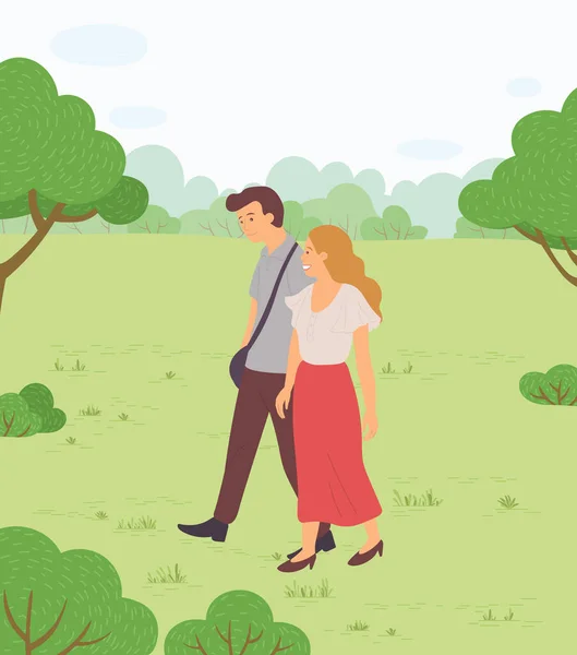 Пара гуляє в парку. Молодий хлопець і дівчина тримають руки ходять в літньому саду, романтична прогулянка — стоковий вектор
