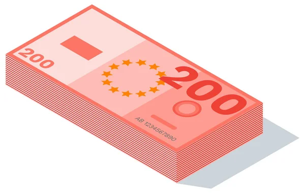 Duecento pile di banconote in euro isolate su fondo bianco. Illustrazione del vettore di valuta — Vettoriale Stock