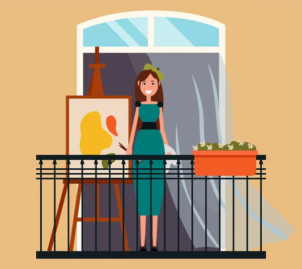 Ένα κορίτσι ζωγραφίζει μια εικόνα που στέκεται στο μπαλκόνι. Γυναίκα ζωγράφος χαρακτήρα στο σπίτι κάνει χόμπι — Διανυσματικό Αρχείο