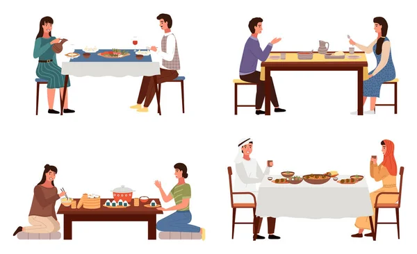 İnsanların farklı ülkelerden geleneksel yemeklerle yemek yemesi üzerine bir dizi çizim — Stok Vektör