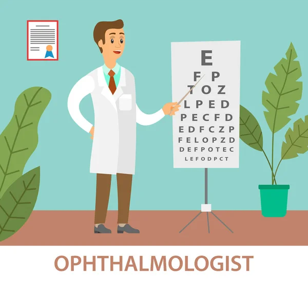 검 안사 (Optometrist) 는 테이블을 가리키면서 시각적 예리 함을 테스트 한다. 병원에서 하얀 코트를 입은 의사 — 스톡 벡터