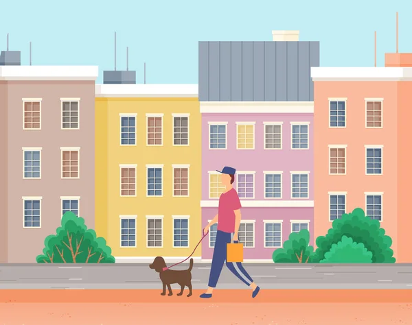Un tizio con un cane sta camminando per strada. Un uomo con un animale domestico trascorre del tempo all'aperto illustrazione vettoriale — Vettoriale Stock