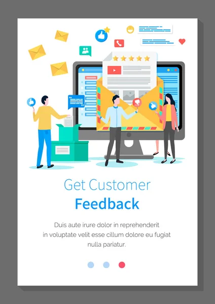 Obtenha feedback dos clientes modelo de landing page. Empresários recebendo monney de gerente ou cliente —  Vetores de Stock