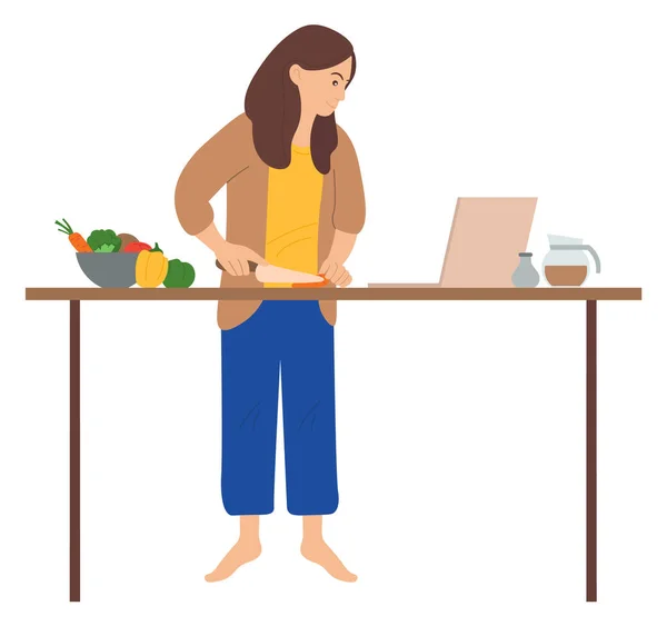 Mujer cocina y navega por Internet. Navegar por páginas, redes sociales. Ilustración vectorial plana — Archivo Imágenes Vectoriales