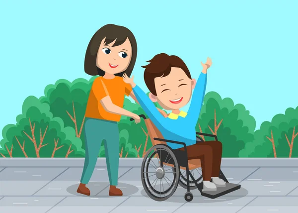Menina ajuda o homem doente em cadeira de rodas. Cuidar de pessoas com deficiência. Estilo plano. Desenhos animados ilustração vetorial —  Vetores de Stock
