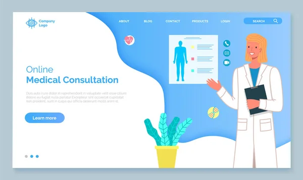 医師ランディングページテンプレートとオンライン医療相談。患者と話す医療従事者 — ストックベクタ