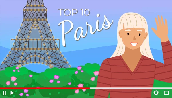 Videoplayer-Schnittstelle. Bildschirmschoner eines Interviews mit einem blonden Mädchen über Paris. Reiseblog — Stockvektor