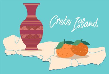Girit Adası Seyahat Haritası vektör çizimi. Yunanistan 'ın geleneksel sembolleri. Çamur vazo ve mandalina.