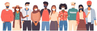 Farklı milletlerden bir grup insan tıbbi maske takıyor. Karantina sırasında çizgi film karakterleri