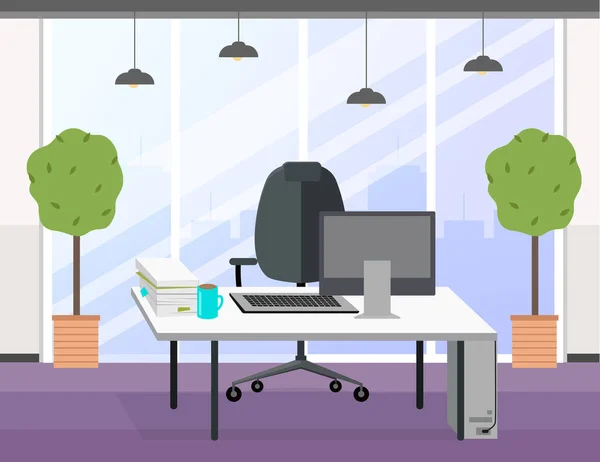 Moderne flache Arbeitsplatzgestaltung. Bürostuhl und Schreibtisch mit Computer in gemütlichem Ambiente — Stockvektor